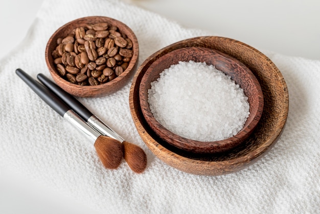 High angle bowls with salt and coffee beans