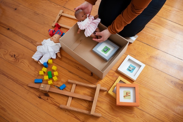 High angle box with goods on floor