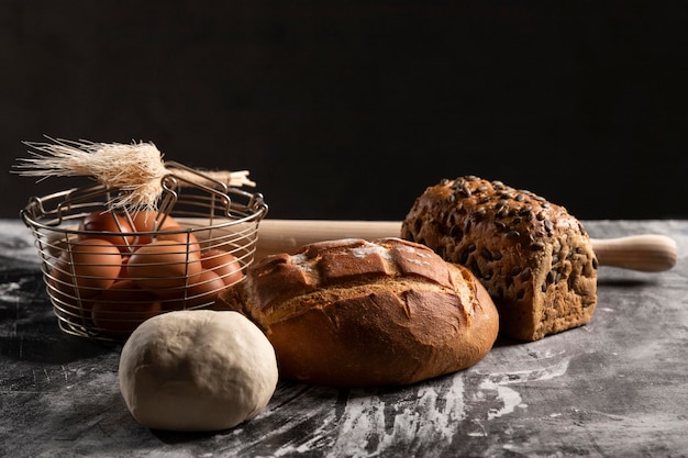 High angle of bread assortments on the table