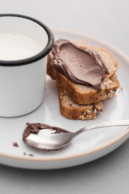 High angle bread with chocolate cream