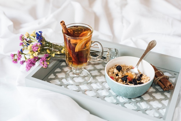 High angle of breakfast in bed