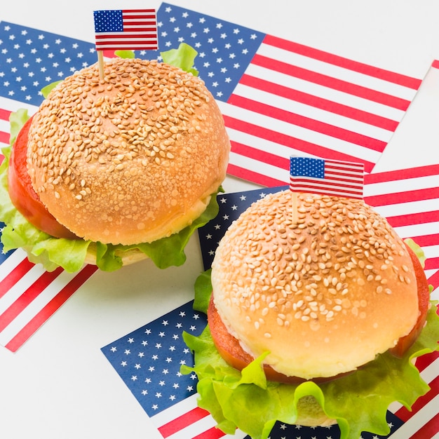 High angle of burgers with american flags