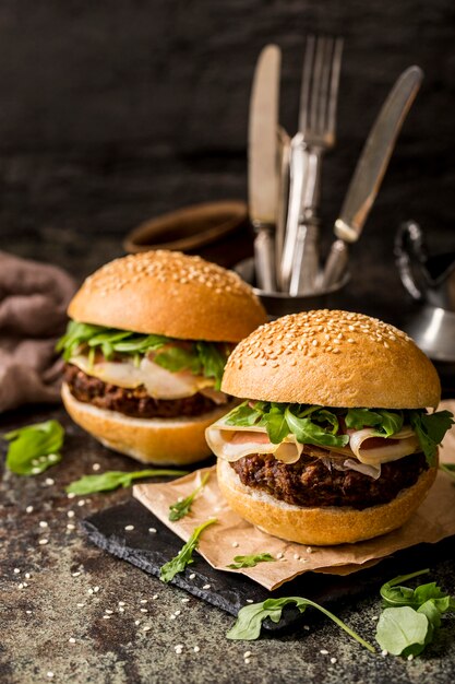 High angle burgers with bacon