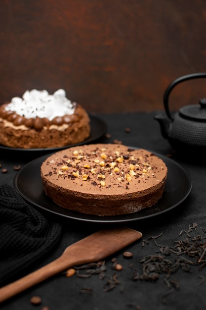 High angle of cake on plate with spatula