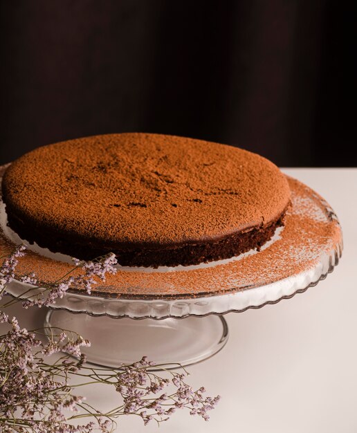 High angle of cake with cocoa powder on top