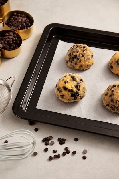 Free Photo high angle chocolate chips cookies dough