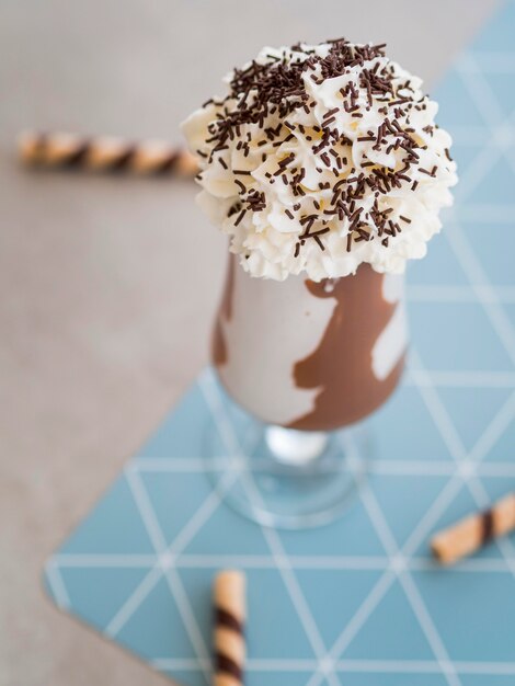 High angle chocolate milkshake glass