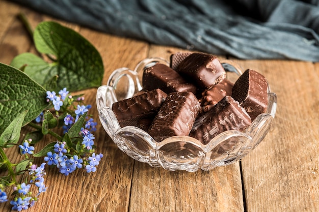 High angle chocolate wafers in bowl