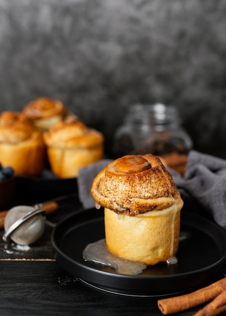 High angle cinnamon rolls on plate