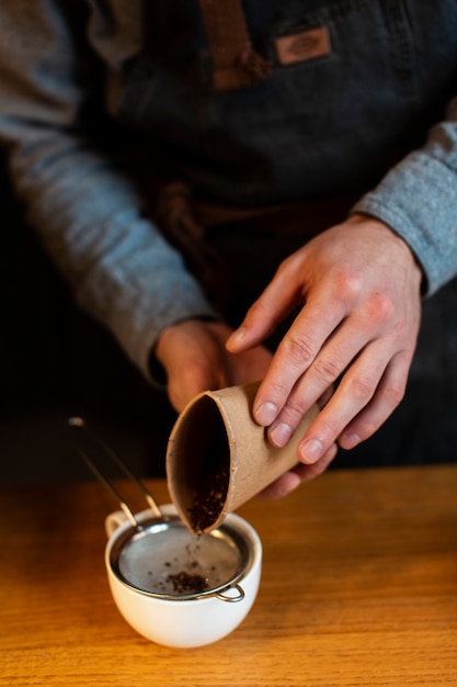 High angle coffee process at coffee shop