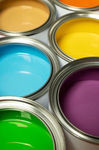 Free Photo high angle colorful paint cans  assortment