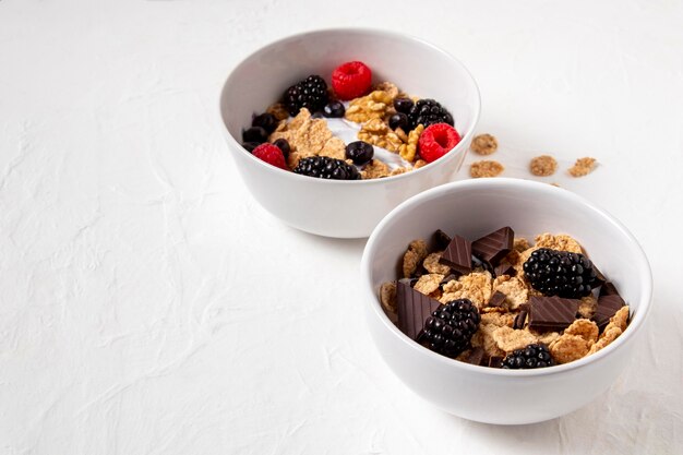 High angle composition of healthy bowl cereals with copy space