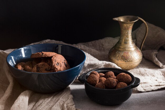 High angle cookies and chocolate candies