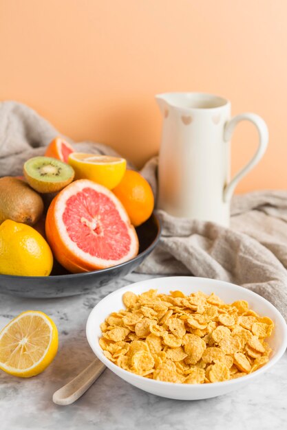 High angle cornflakes bowl with fruits