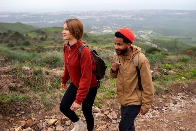 High angle couple on a hiking trip