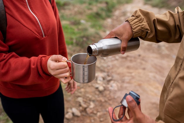 High angle couple on a hiking trip