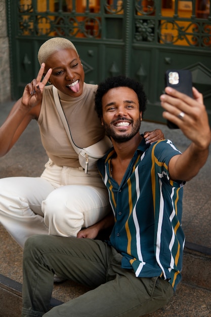 High angle couple taking selfie