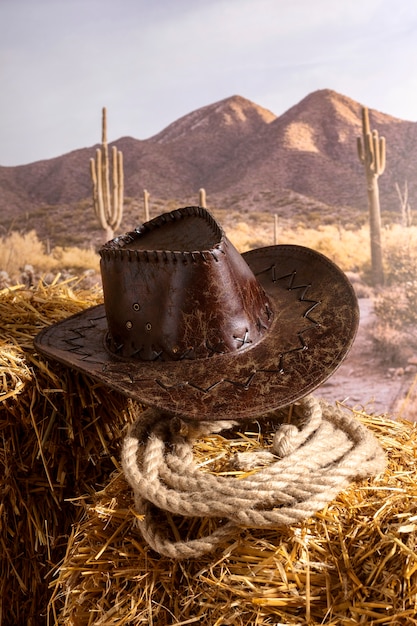 Free photo high angle cowboy hat and rope