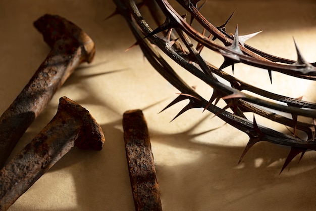 High angle crown of thorns and rusty nails