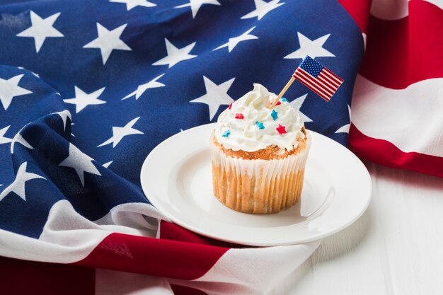 High angle of cupcake on plate with american flags