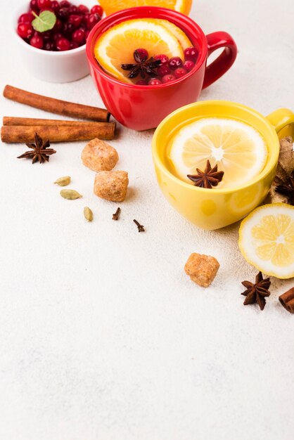 High angle cups with lemon tea aroma