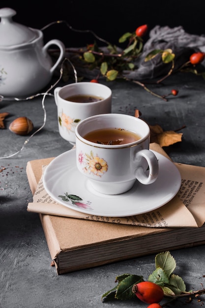 High angle cups with tea and star anise