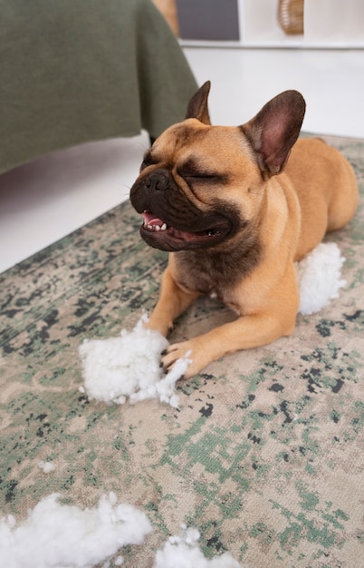 High angle cute dog making a mess