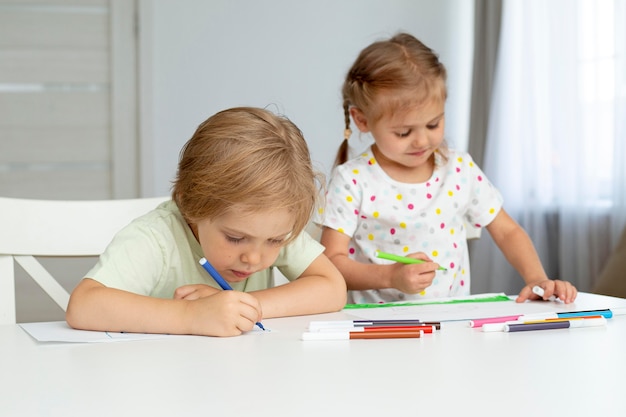 High angle cute kids drawing