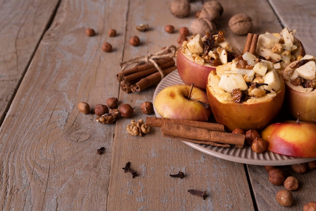 High angle decoration with apples on wooden background