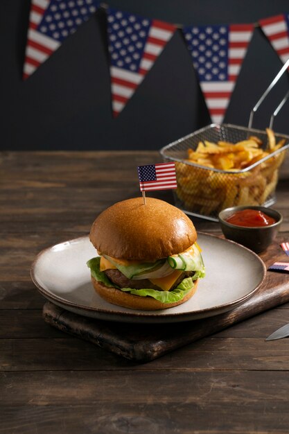 High angle delicious burger with flag