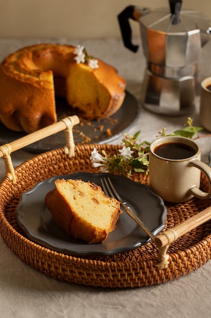 High angle delicious cake and coffee cup