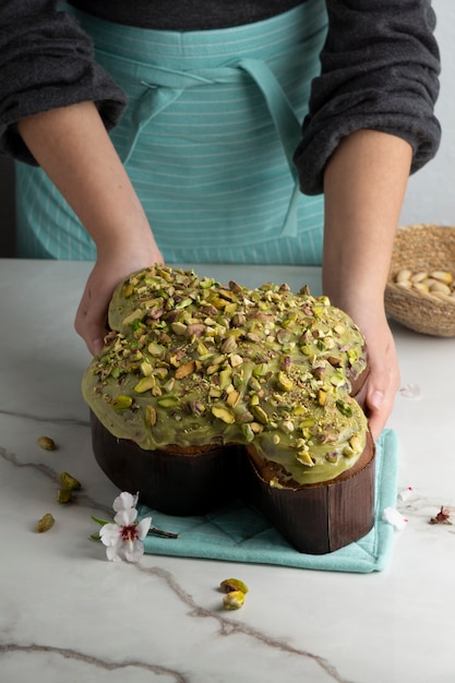 Free photo high angle delicious colomba with pistachio