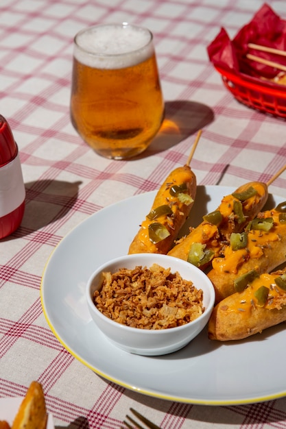 High angle delicious corn dogs assortment