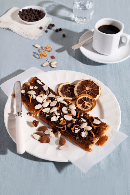 High angle delicious dessert and coffee cup