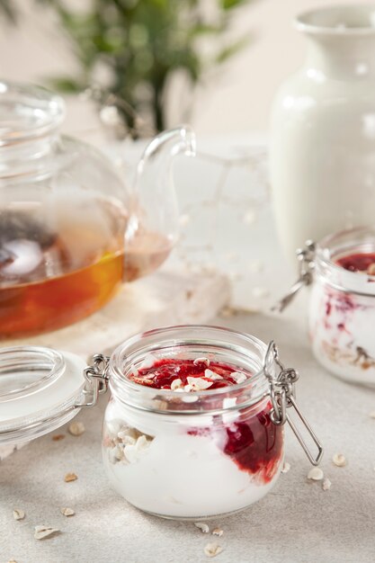 High angle delicious dessert in jars