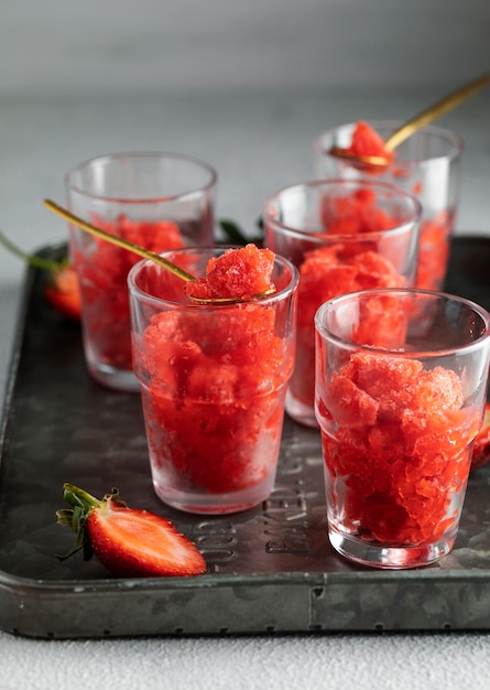 High angle delicious granita dessert with strawberries