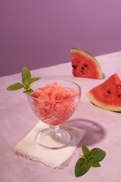 Free photo high angle delicious granita dessert with watermelon