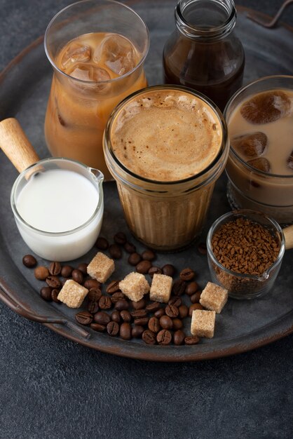 High angle delicious iced coffee on tray arrangement