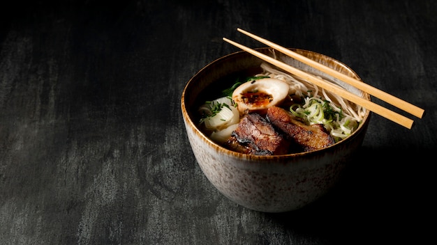 High angle of delicious ramen in bowl