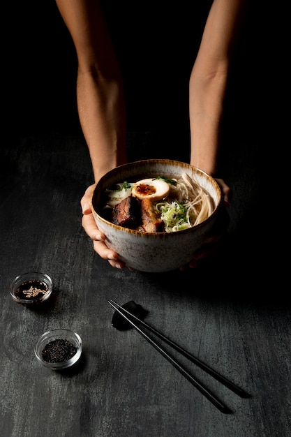 High angle of delicious ramen in bowl