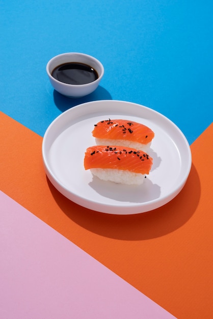 Free photo high angle delicious sushi and soy sauce