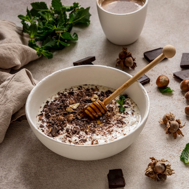 High angle of delicious yogurt with chocolate