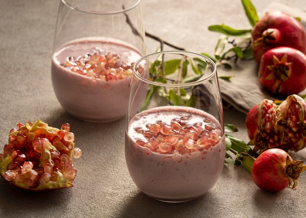 High angle of delicious yogurt with pomegranate