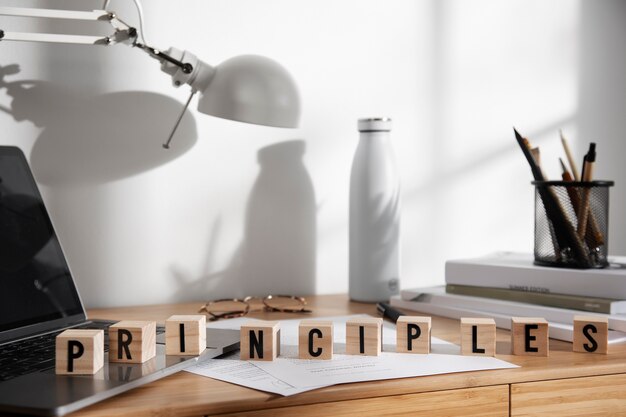 High angle desk arrangement with cubes