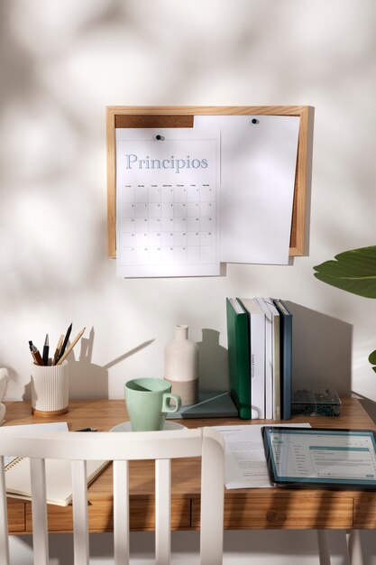 High angle desk arrangement with notebooks