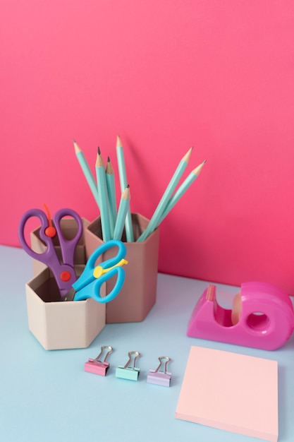 High angle desk arrangement with pencils