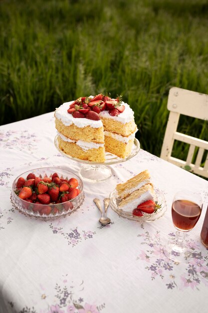 High angle dessert and drink on table