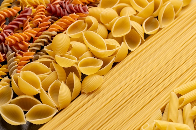 High angle different pasta arrangement