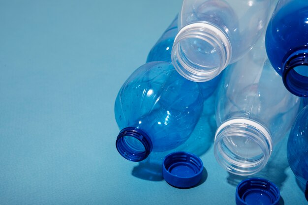 High angle different plastic bottles arrangement