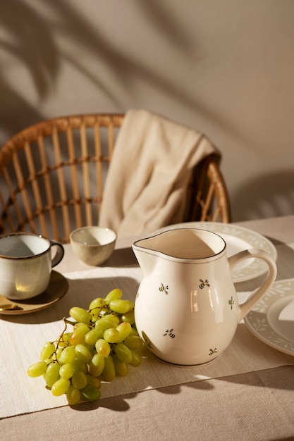 High angle  dining table with grapes